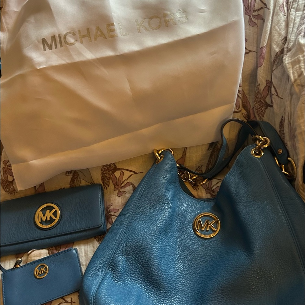 Michael Kors Teal Pebbled Leather Hobo with Matching Wallets